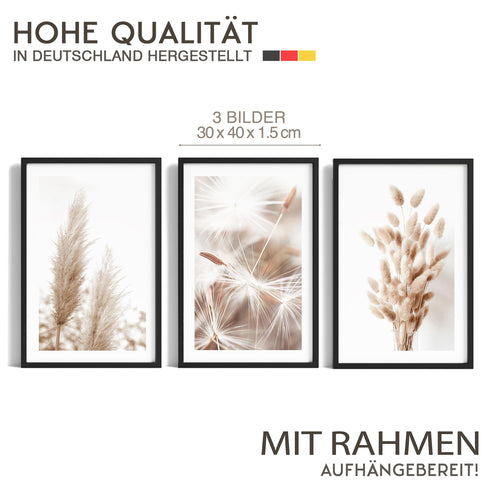Novart Bilder Set mit Rahmen - Boho Style - Wandbilder für Wohnzimmer Schlafzimmer Flur - 3 Teilig Deko Beige - N008935aR2
