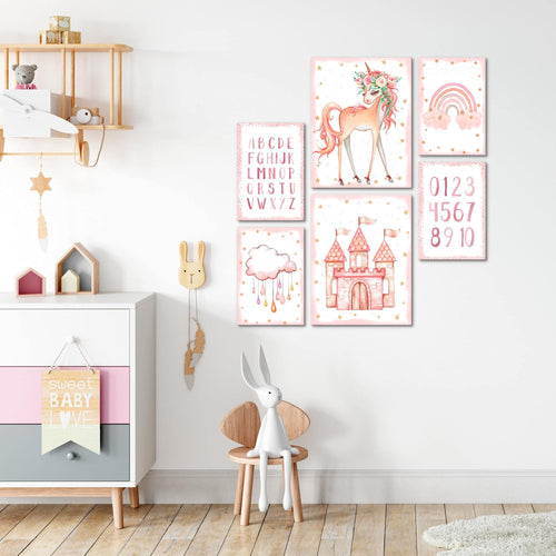 Novart Wandbilder Set Einhorn  Rosa  - KEIN EXTRA RAHMEN BENÖTIGT -  Modern Deko  - Kinderzimmer Mädchen N016763a