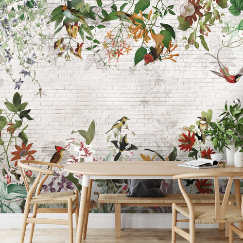 Novart Fototapeten 396 x 280 cm Blumen Vögel - Vlies Wanddekoration Wohnzimmer Schlafzimmer - Deutsche Manufaktur - Blätter Pflanze N9125012a
