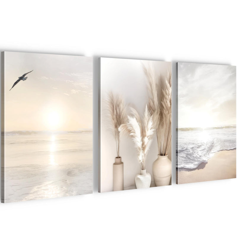 Novart Quadros Spiaggia Mare Boho - Completamente Pronto Da Appendere - Soggiorno Camera da letto Corridoio Decorazione Elegante - Set 3 Pezzi Beige - N029430a