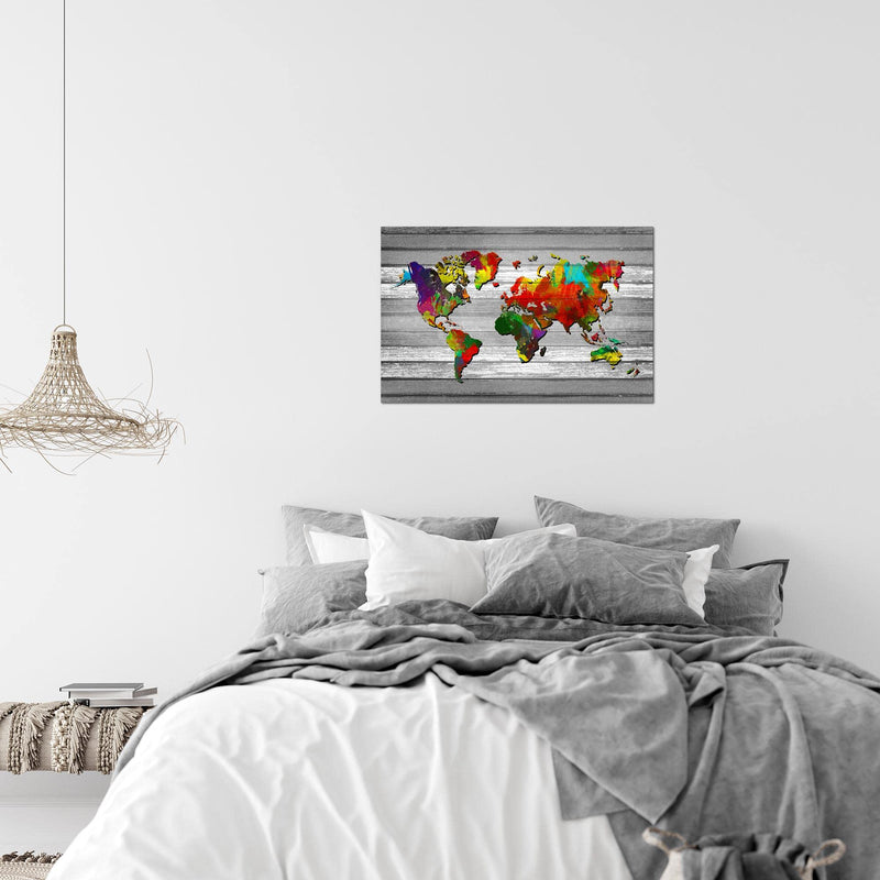 Runa Art Bild Weltkarte Modern Wandbilder Wohnzimmer Büro 1 Teilig - Made In Germany - Kontinente Holz Bunt Flur 105415b