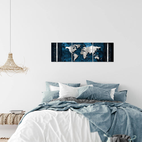 Runa Art - Bilder Weltkarte 120 x 40 cm 3 Teilig Wandbild auf Vlies Leinwand Blau Mehrteilig Modern 107333b