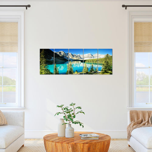 Runa Art Wandbild Wald See 200 x 80 cm Modern Bild auf Vlies Leinwand Natur Wohnzimmer Schlafzimmer Grün Blau 049755a