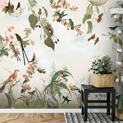 Novart Fototapete Blumen 396 x 280 cm Wandtapete Blumenwiese Vögel Wohnzimmer Schlafzimmer - N9124012a