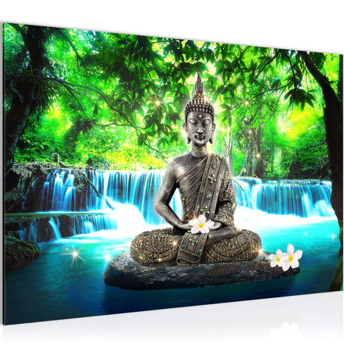 Runa Art Bild Buddha Wasserfall Modern Wandbilder Wohnzimmer Schlafzimmer 1 Teilig - Made In Germany - Natur Blau Grün Flur 503515b