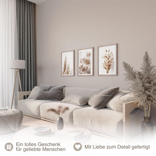 Novart Wandbilder Set mit Rahmen - Boho Pampas- KOMPLETT AUFHÄNGFERTIG - Wohnzimmer Schlafzimmer Flur Deko - 3 Moderne Bilder Beige - N008935aR1