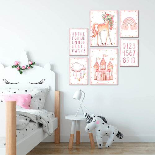Novart Wandbilder Set Einhorn  Rosa  - KEIN EXTRA RAHMEN BENÖTIGT -  Modern Deko  - Kinderzimmer Mädchen N016763a