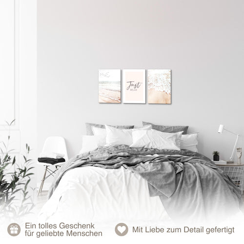 Novart Quadros Spiaggia Mare - Completamente Pronto Da Appendere - Soggiorno Camera da letto Corridoio Decorazione Elegante - Set 3 Pezzi Boho beige - N038130a