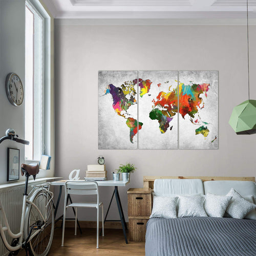 Runa Art Wandbilder Weltkarte Bild XXL Büro Wohnzimmer Bunt Landkarte Beton 120 x 80 cm 3 Teilig 105131c