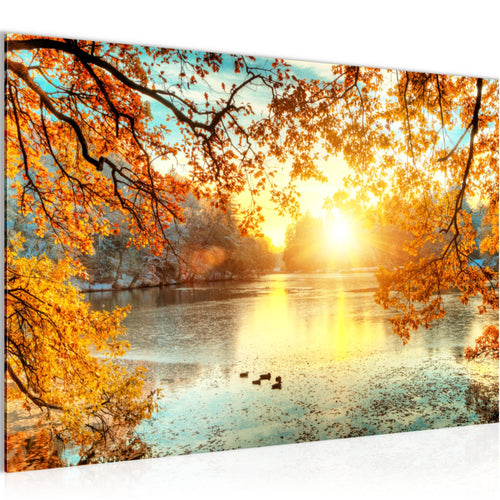 Runa Art Bild Sonniger Wald Modern Wandbilder Wohnzimmer Schlafzimmer 1 Teilig - Made In Germany - Wald Natur Orange Gelb Flur 050015a