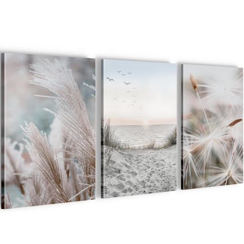 Novart Quadros Spiaggia Mare Boho - Completamente Pronto Da Appendere - Soggiorno Camera da letto Corridoio Decorazione Elegante - Set 3 Pezzi Blu Beige - N033830a