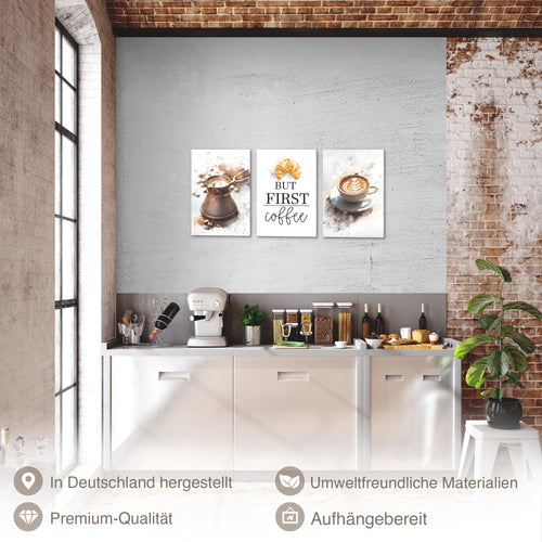 Novart Quadros Cucina Caffè - Completamente Pronto Da Appendere - Soggiorno Camera da letto Decorazione Elegante - Set 3 Pezzi Marrone Bianco - N039930b