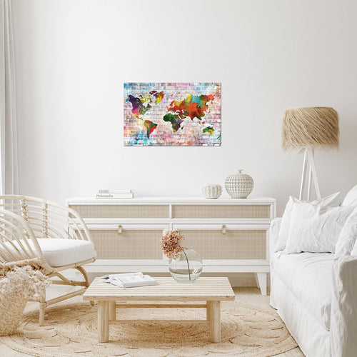 Runa Art Bild Weltkarte Modern Wandbilder Wohnzimmer Büro 1 Teilig - Made In Germany - Steinoptik Ziegel Bunt Flur 106915a