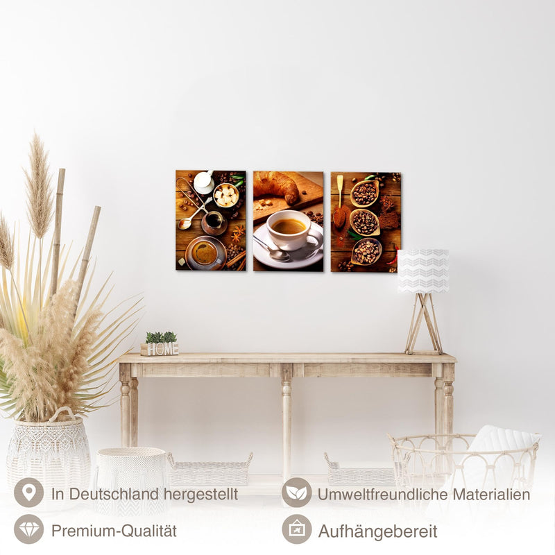 Novart Quadros Immagini di cucina Caffè - Completamente Pronto Da Appendere - Cucina Sala da pranzo Decorazione Elegante - Set 3 Pezzi Marrone - N034230a