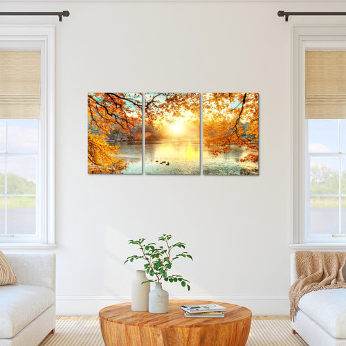 Runa Art Wandbilder Sonniger Wald Bild XXL Wohnzimmer Schlafzimmer Orange Gelb Wald Natur 120 x 80 cm 3 Teilig 050031a